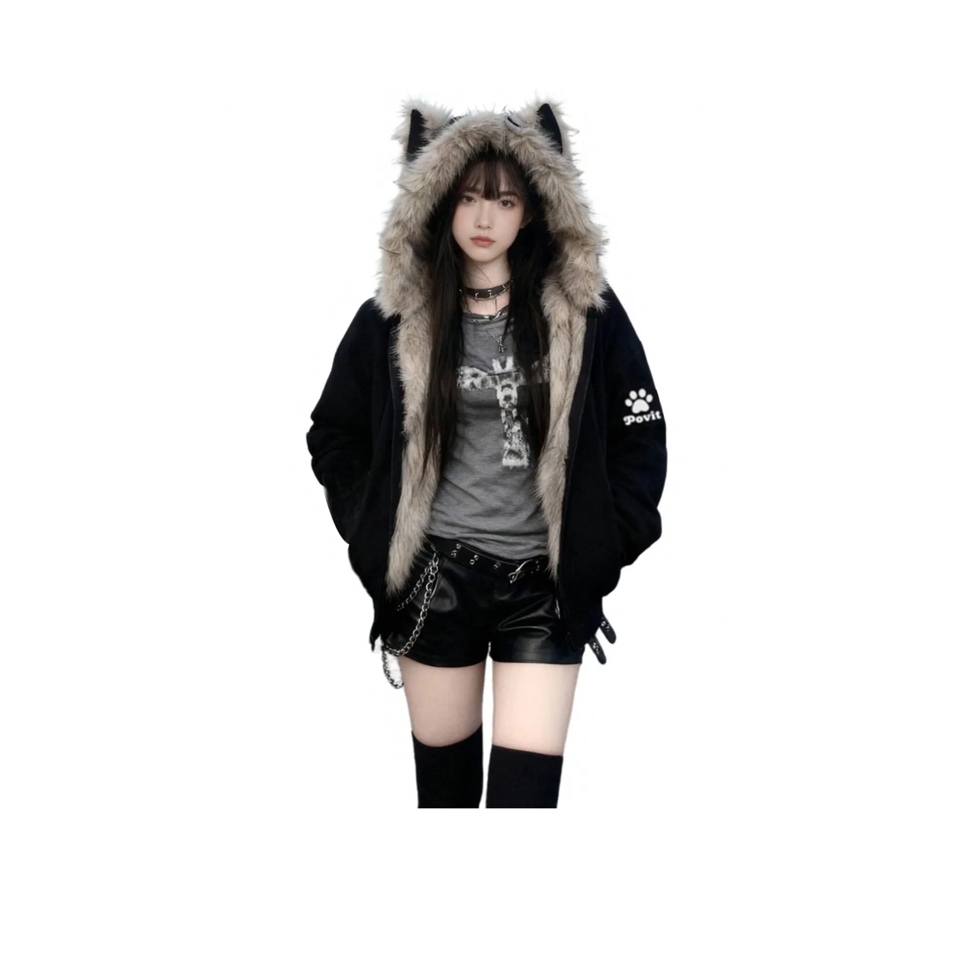 POVIT Черный кот Ухо Гора Hawk [Улучшенный] Унисекс Пуховики