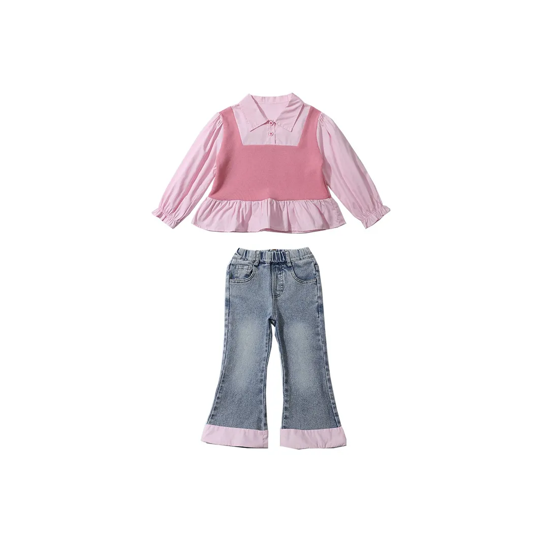 MILING Розовый Mock Двухкомпонентный Деним Цветовой блок Расклешенные штаны Наборы одежды для детей Повседневная спортивная одежда