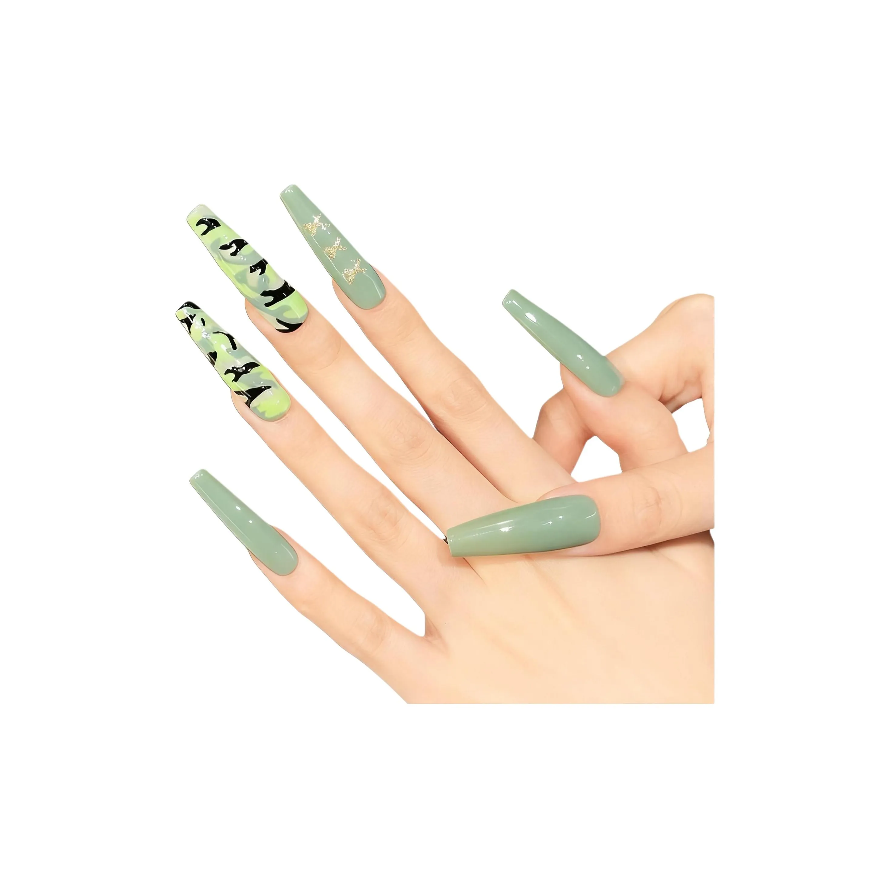 Yun Yue Joe Весна Wa Лето Армейский зеленый False Nail Длинный Зеленый камуфляж Градиентный Стиль Instagram
