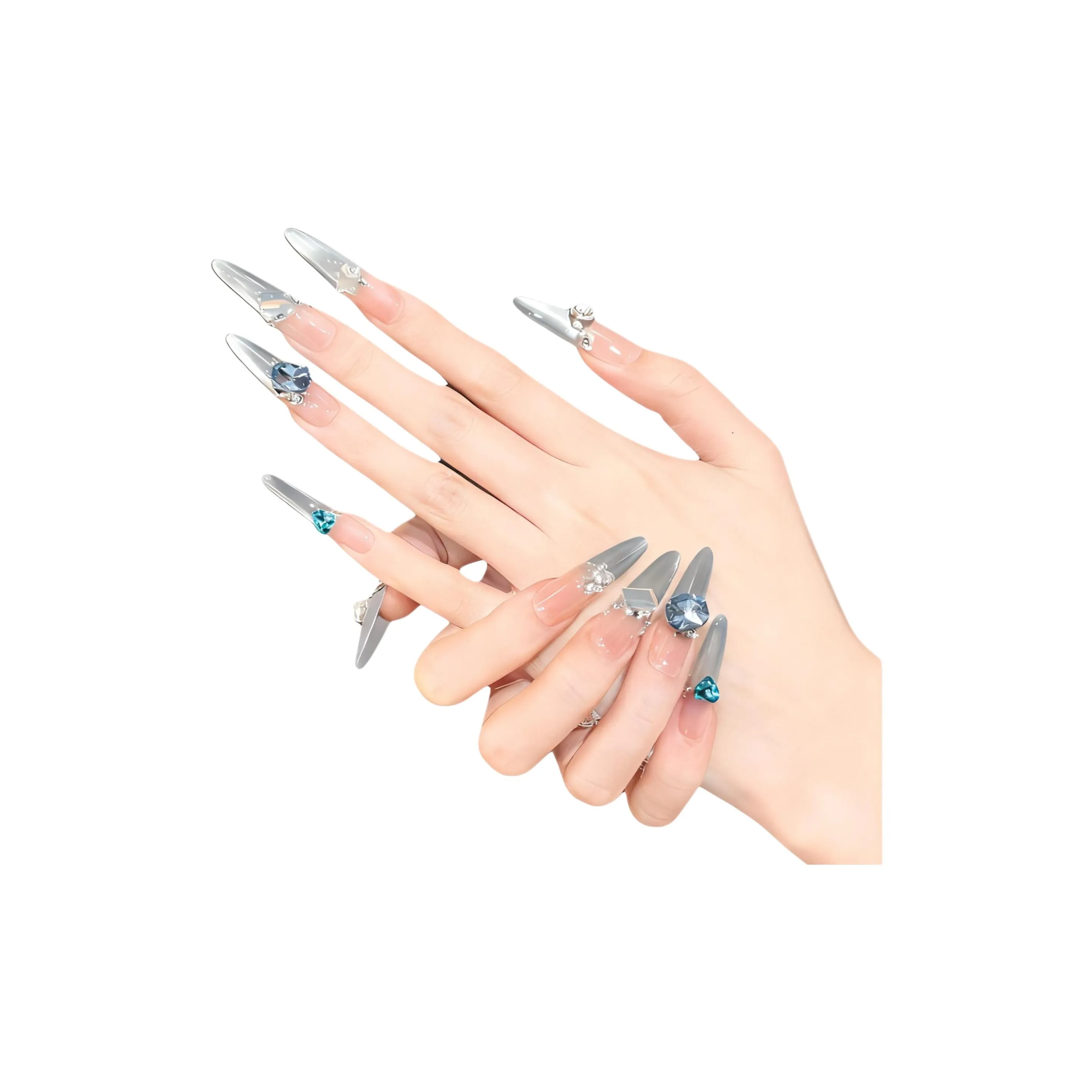 Suiyiie Морской синий Кошачий глаз с искрящимися маленькими бриллиантами The Shimmering Danube False Nail длинный синий градиентный