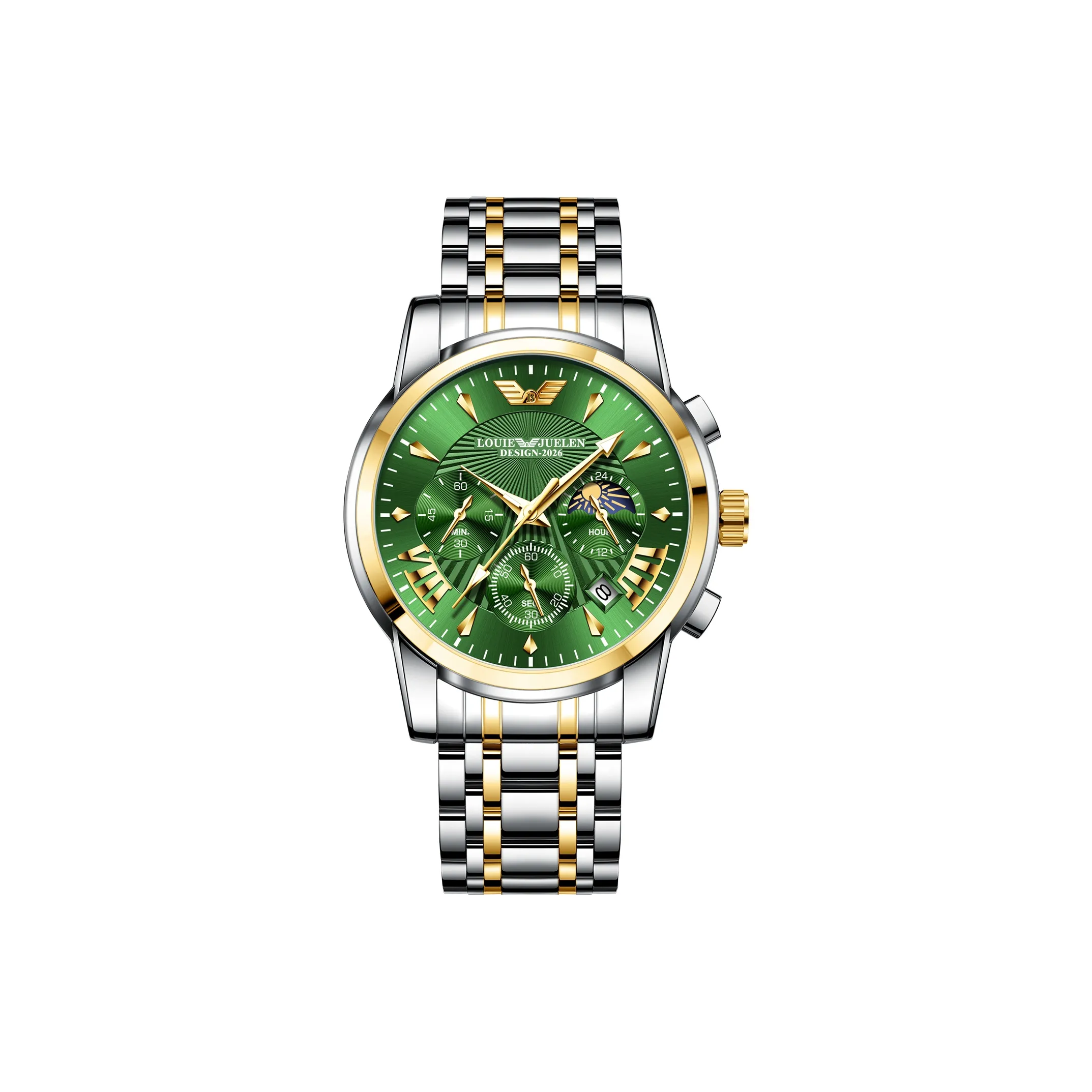 LOUIE JUELEN Кварцевый механизм ремешок из нержавеющей стали мужские часы зеленый циферблат