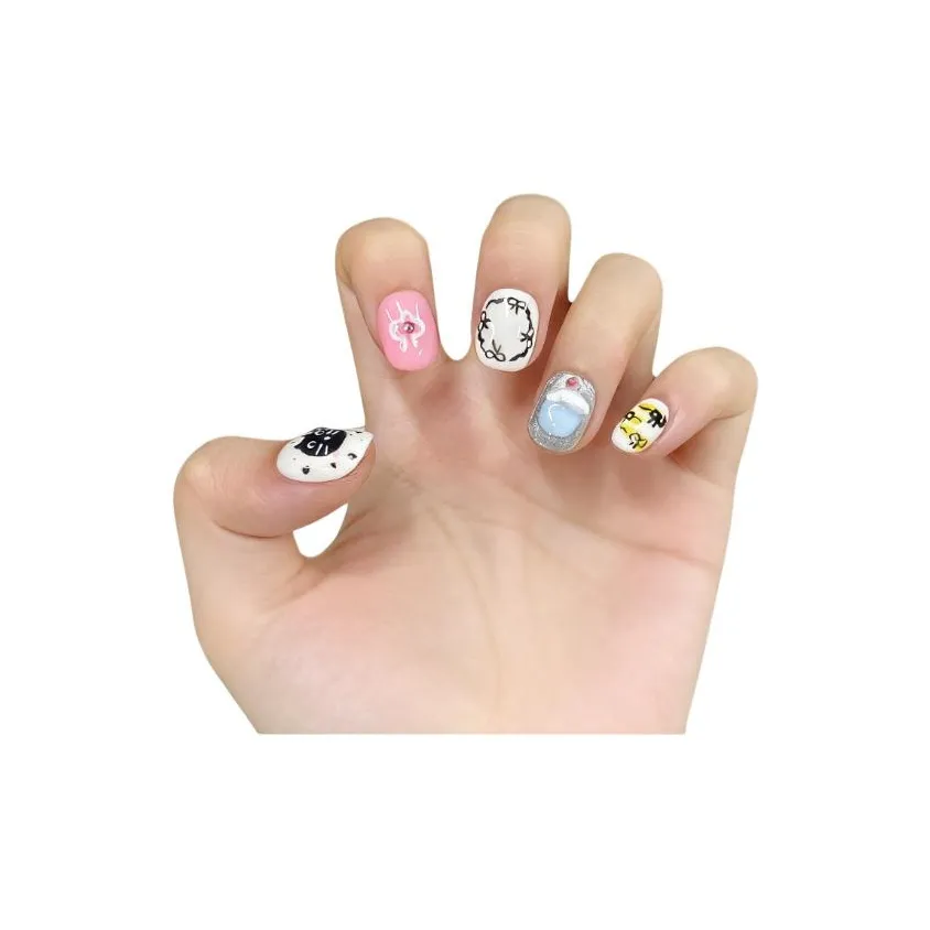 Rui Jin Осветляющий Премиум Очаровательный Ручной Разрисованный Котенок False Nail Короткий Многоцветный Jump Цвет Мультяшный 16мм