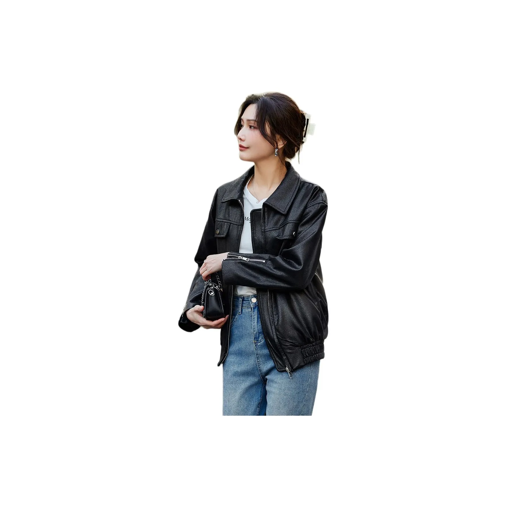 TERRE BLEUE Весенний Осенний Кожаная Куртка Свободного кроя Женская