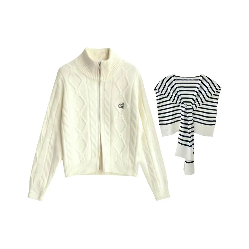 AINUOERMY Экрю Топ + Полосатая Шаль Женская Трикотаж