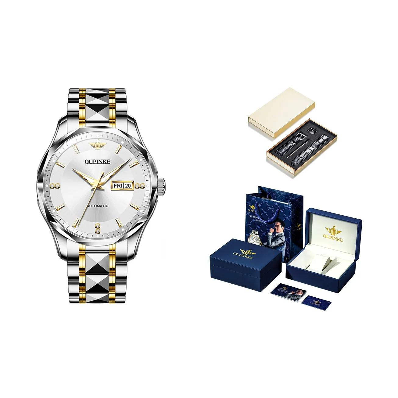 Oupinke Guts Collection Ромб Циферблат часов Механический механизм Нержавеющая сталь Ремешок Часы Мужские часы Серый циферблат