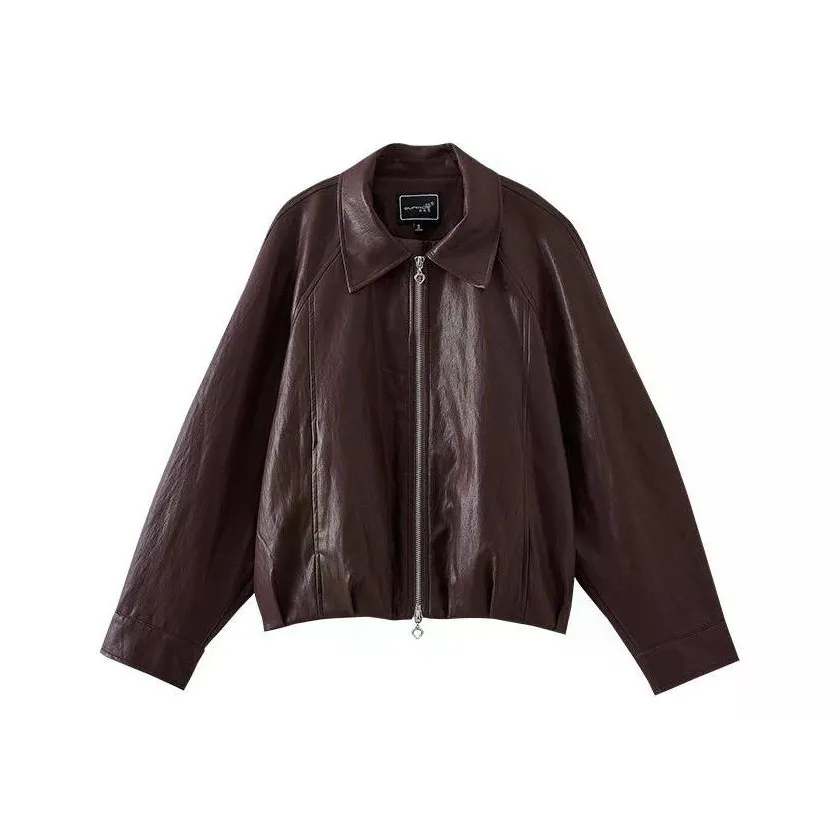 OUNIXUE Красный Коричневый Женская Кожаная Куртка