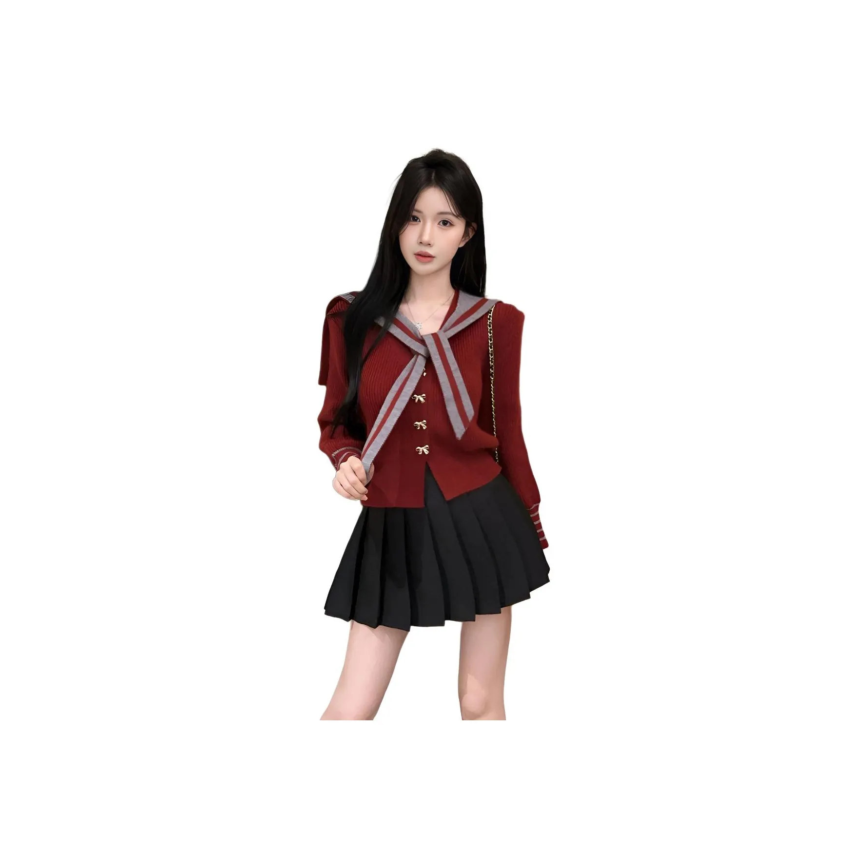 SNZX Комплекты одежды Красный Трикотажная ткань + Черная Юбка с оборками Женская Униформа