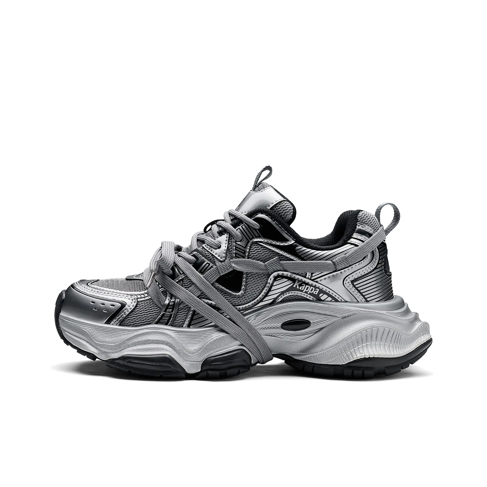 KAPPA Спина к Спине Устойчивые к истиранию Низкие Топ Кроссовки с Толстой Подошвой Женские Серебряные Черные