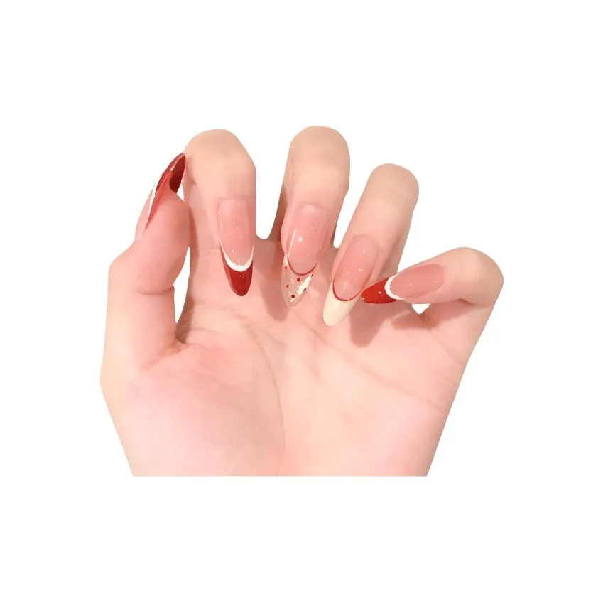 T Z New Year Red Polka Dot Cat Eye False Nail MID Long Ice Clear Red