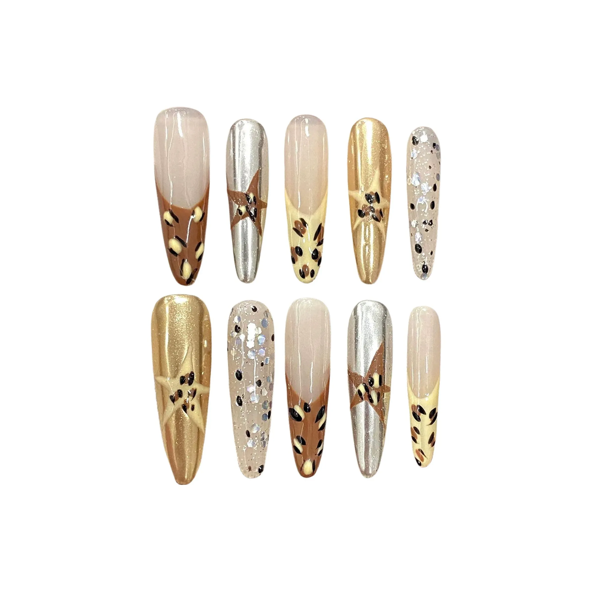 XIAMEIYU Винтаж Французский Леопардовый принт Y2K Magic Mirror Звезды Корова False Nail Заостренный Тип Темно-кофейный Jump Цвет Coquette