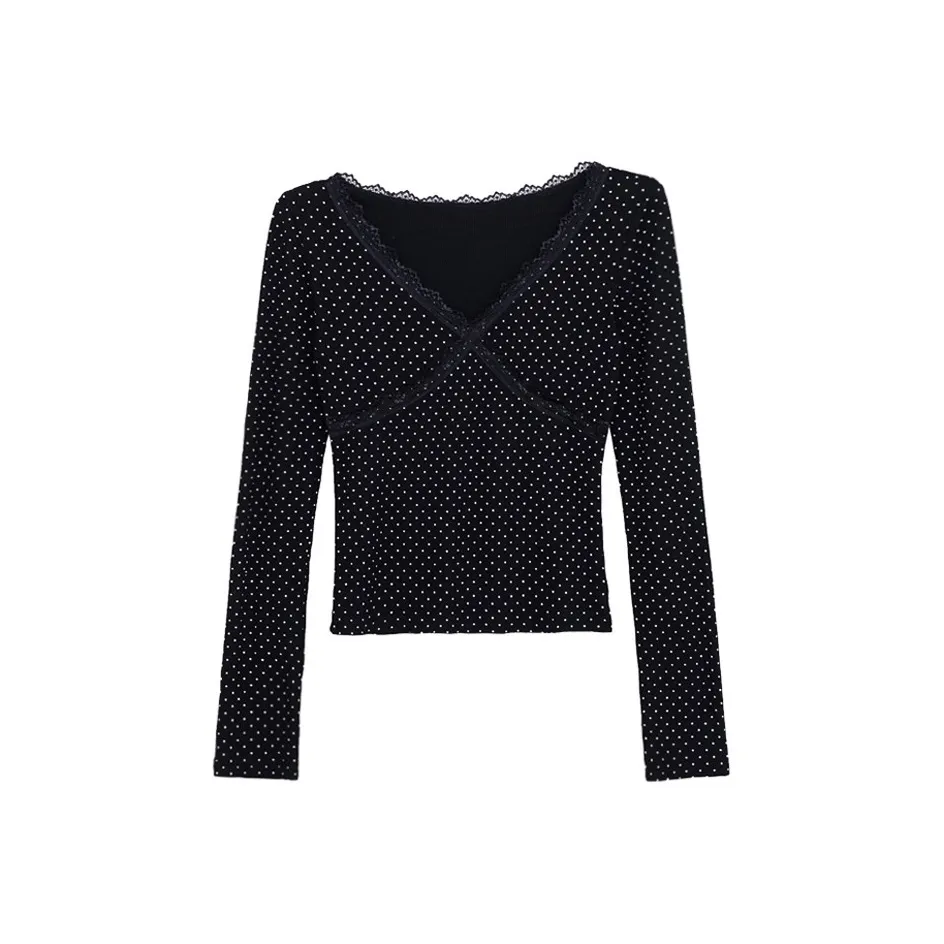 UNSPECIFIED Стандартный Гороховый узор Длинный рукав T Женские