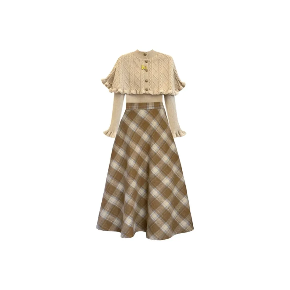 DYYPC Хаки Топ + Хаки Шаль + Клетчатая Юбка Женские Комплекты с Юбкой