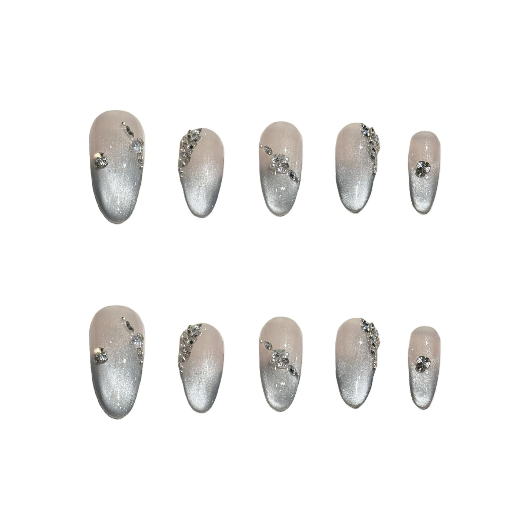 XIAMEIYU Серо-синий Crushed Стразы Французский Кошачий глаз Ручной инструмент для ногтей False Nail Средний овальный 20 мм