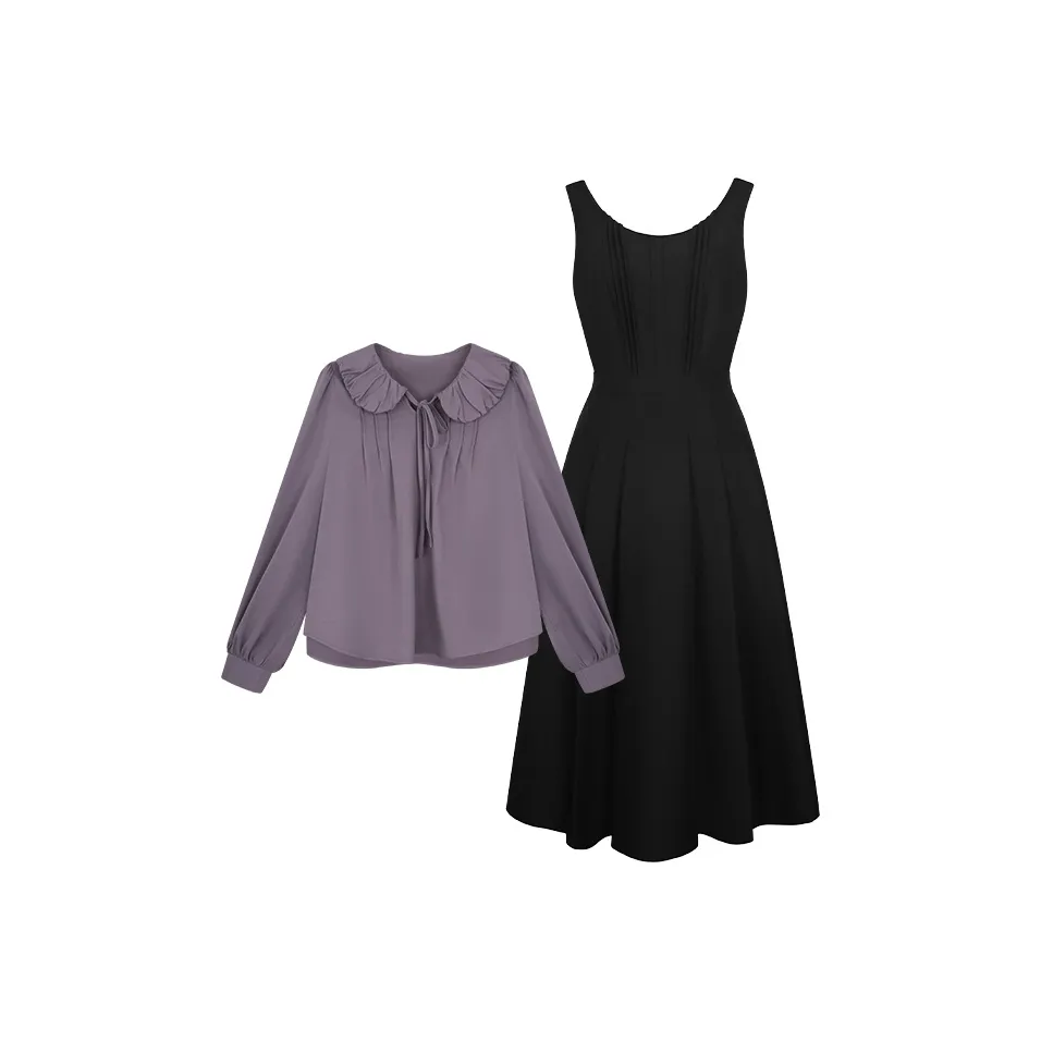 Черный сарафан + фиолетовая рубашка женские комплекты с юбкой