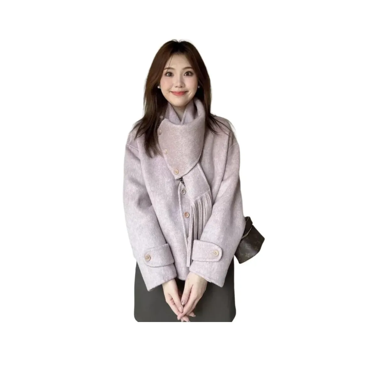 LADYXIEXIE Фиолетовое Шерстяное Пальто с LD Брендом Наклейка Женское Пальто