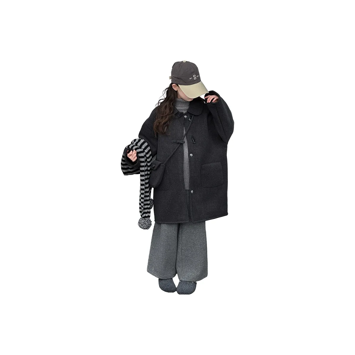 ZHIO Черное пальто с сумкой школьное шерсть пальто