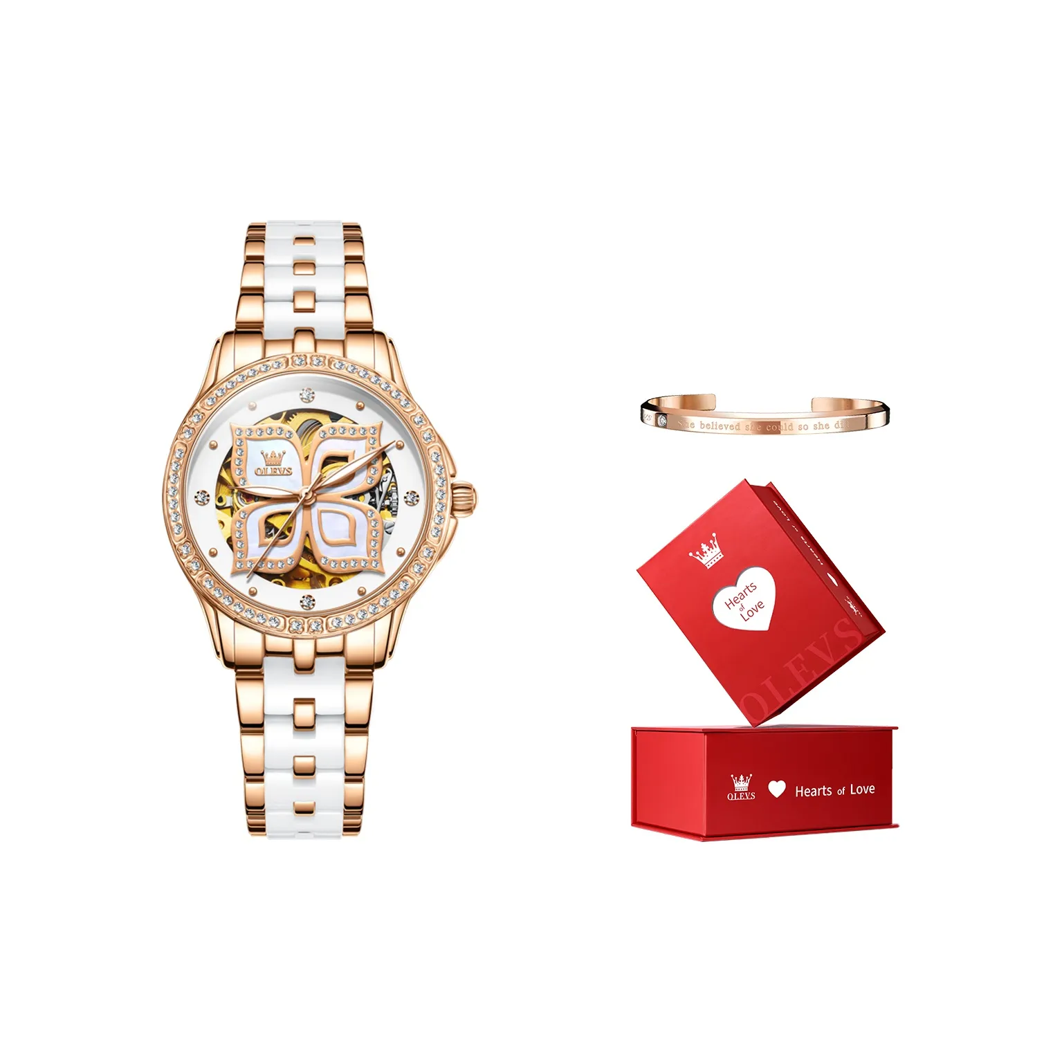 OLEVS Minimalist Series Механический механизм Керамика Ремешок Часы Женские Белый циферблат