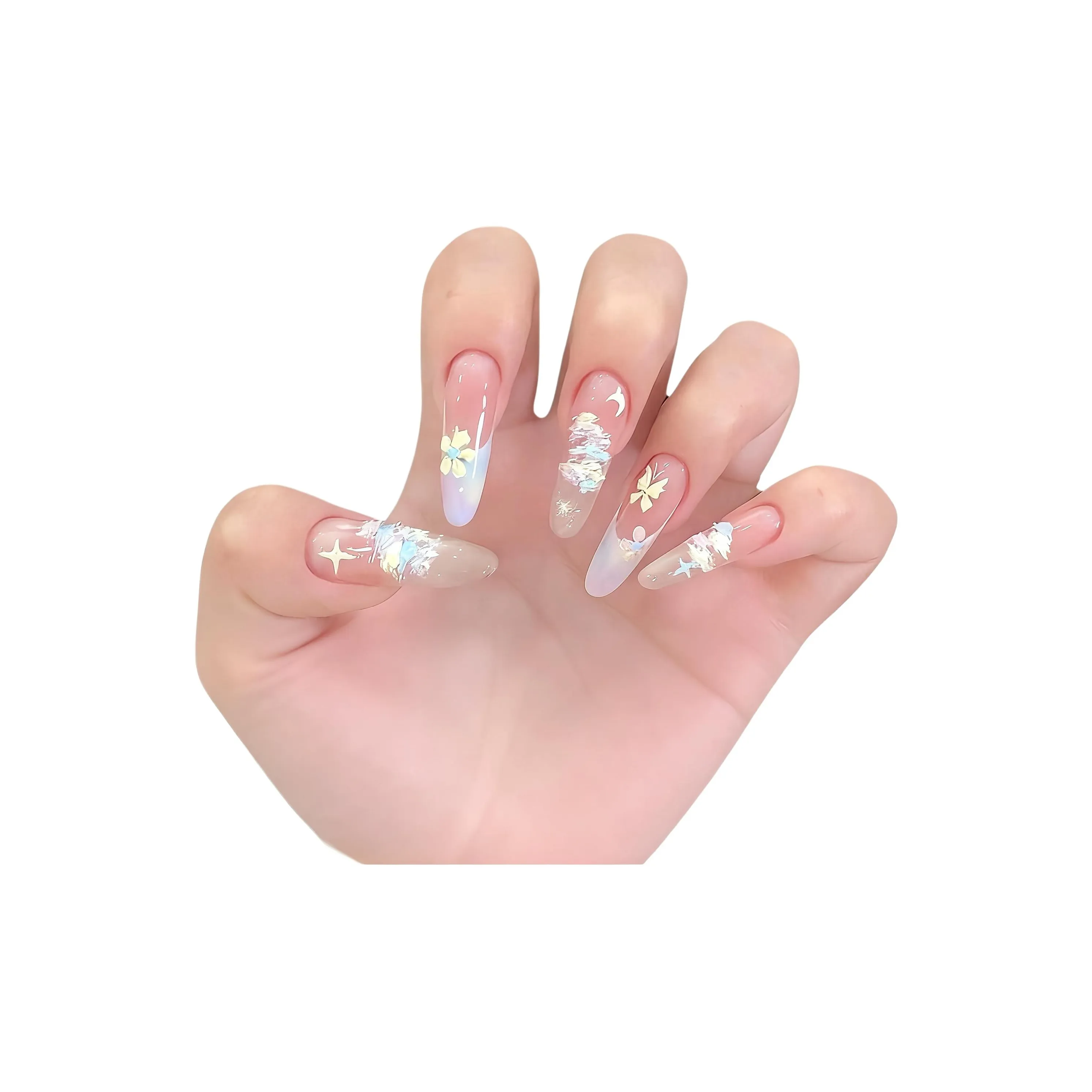 Suiyiie Handcrafted False Nail Гипсовый Разрисованный Цветочный Премиум Кожа Флиртовая Наращивающая Ногти Длинный Многоцветный Градиентный Coquette