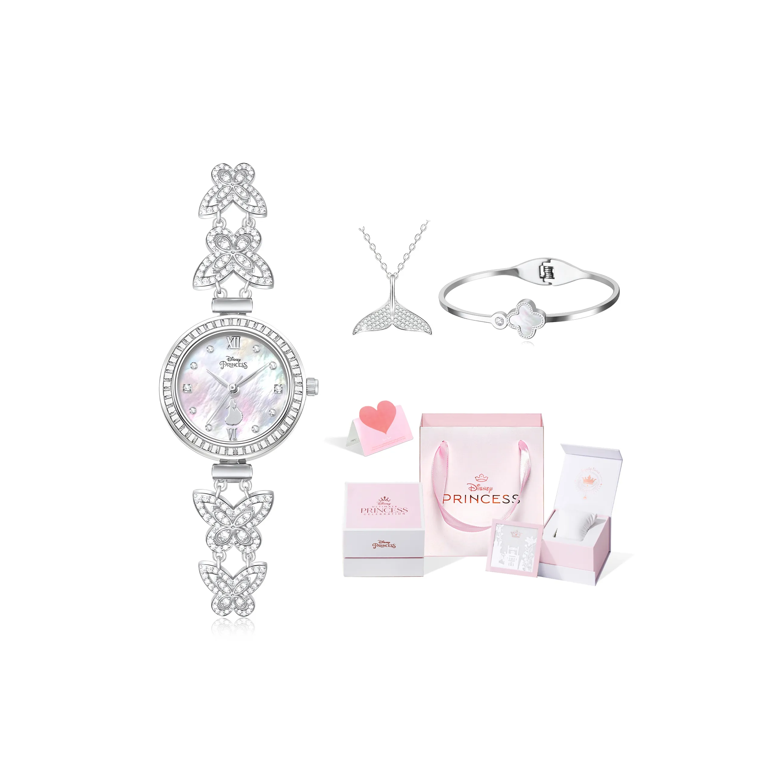 Disney Princess Кварцевый механизм Металлический ремешок Часы для женщин Жемчужная раковина Циферблат