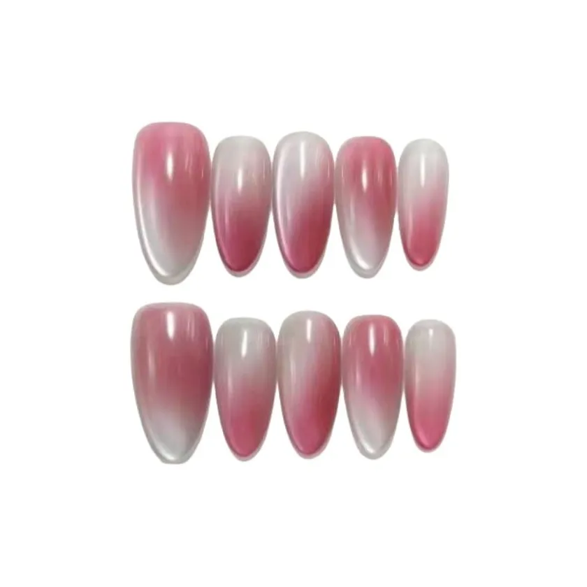 LIANJING [Гора Городской Розовый] Handcrafted False Nail Ледяная прозрачность Телесный Градиентный Блестящий Розовый Смешанный Кошачий глаз 25 мм Овал