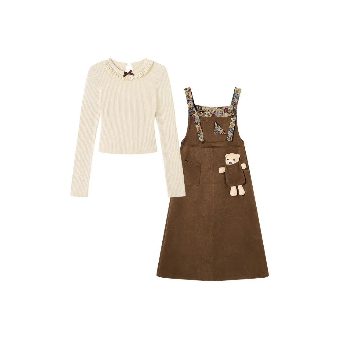 FABRIC PIG Абрикос Длинный рукав Топ+Юбка на подтяжках+Медведь Брелок Женские Юбочные Комплекты