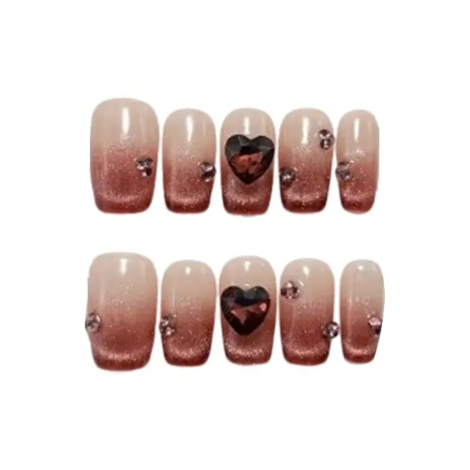 LIANJING [Красный Сливовый] Handcrafted False Nail Коричнево-красный Nail Art Стикер с Искрящейся Улыбкой Сердце Патч 22 мм Квадратный