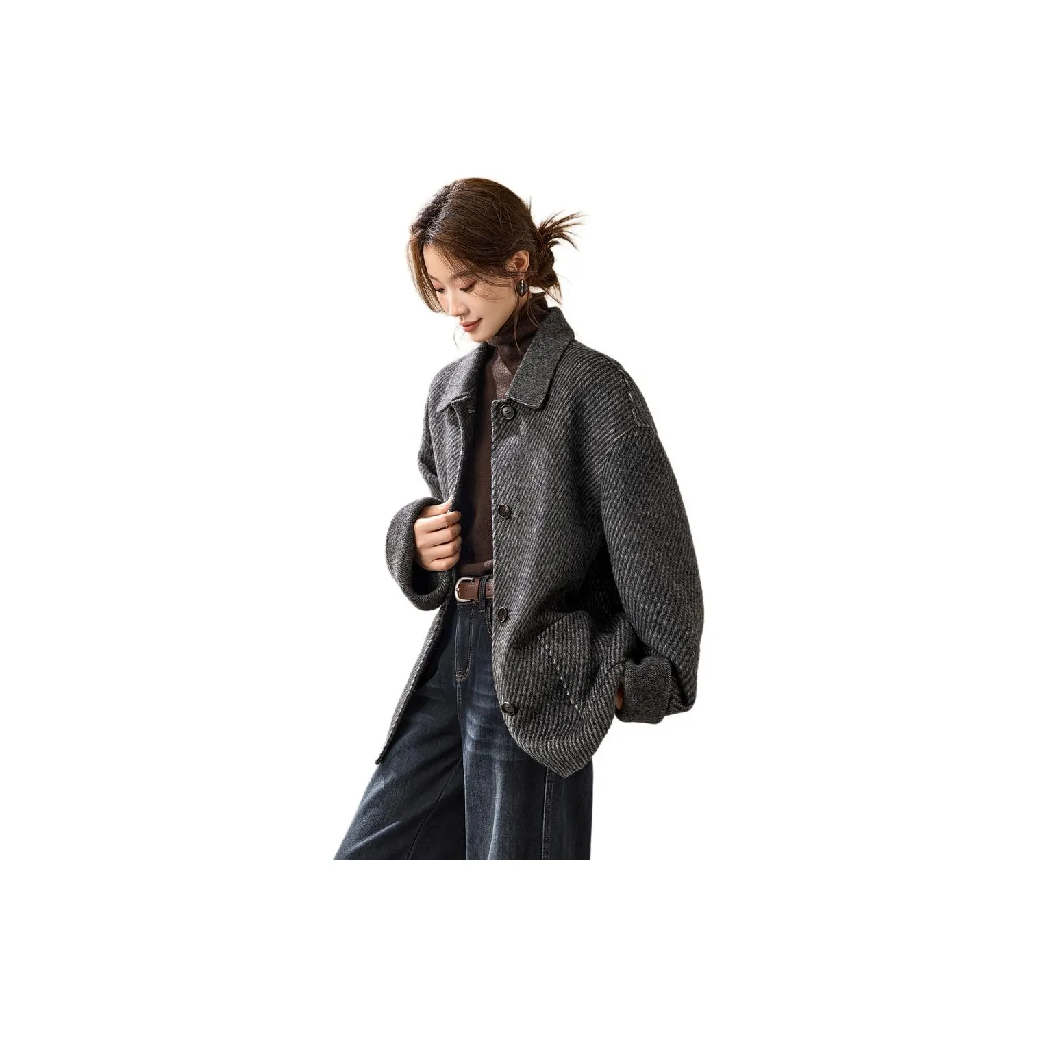 MOHANYIMEI Текстура Серый Саржа Женское Пальто