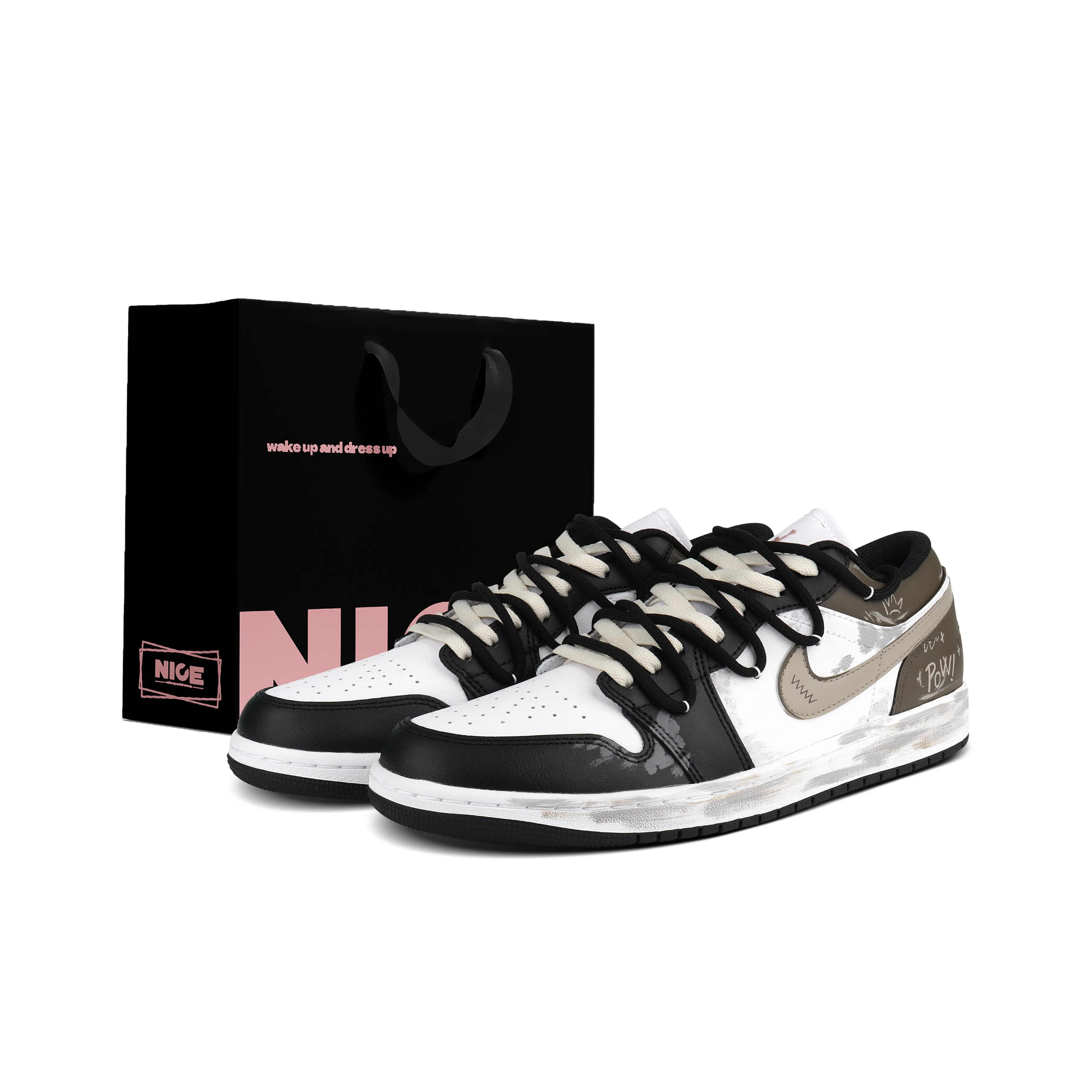 Jordan Air Jordan 1 Устойчивый к истиранию Низкий Топ Винтажные баскетбольные кроссовки Мужской Черный Белый Коричневый