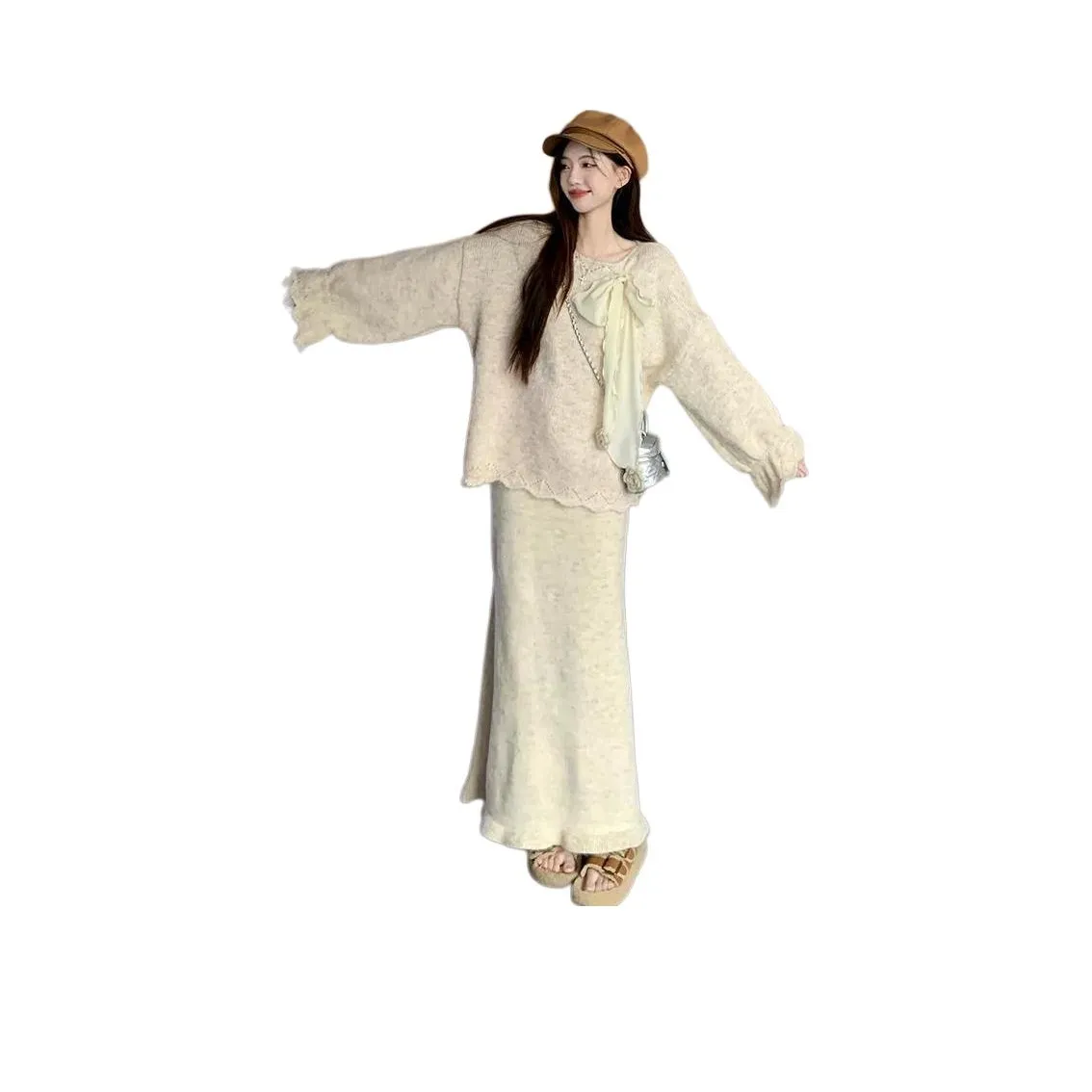 DITB Абрикос Трикотажная Ткань Топ+Юбка Женские Комплекты с Юбкой