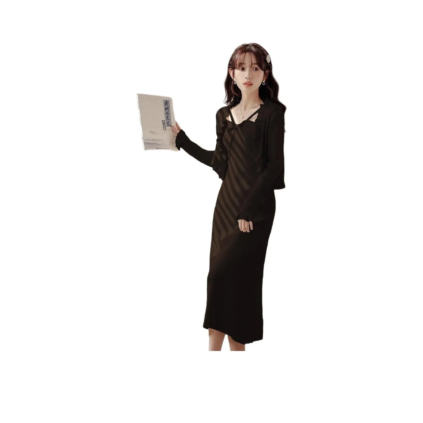 OURUOKE Длинное платье с длинными рукавами женское