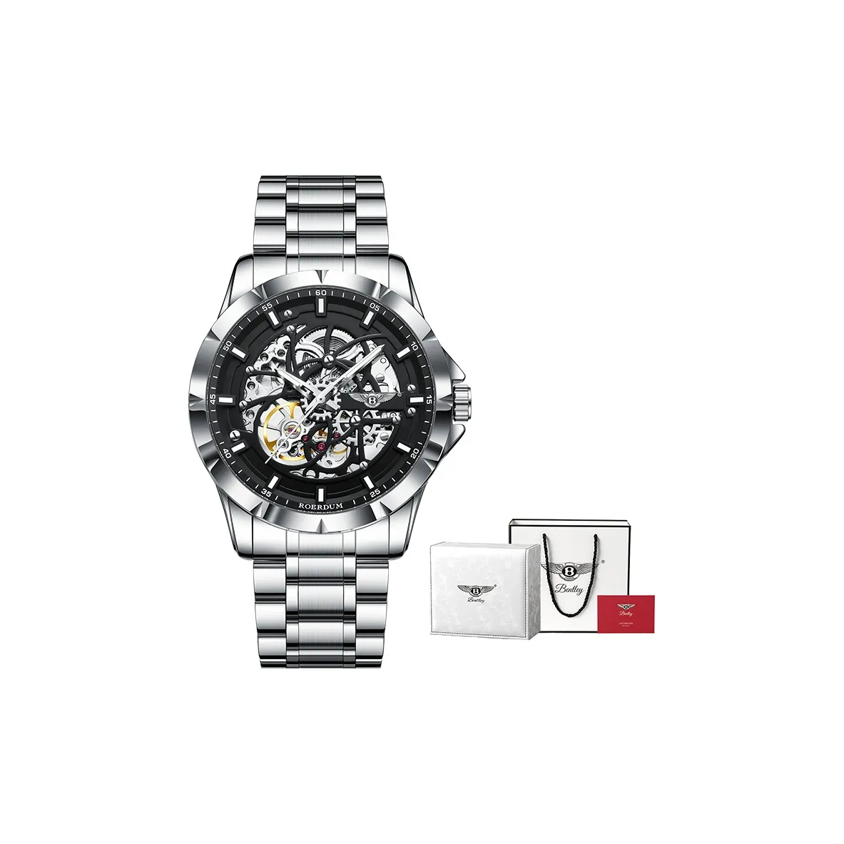ROERDUM Bentley Автоматический Механический Механизм Ремешок из Нержавеющей Стали Часы Мужские Черный Циферблат