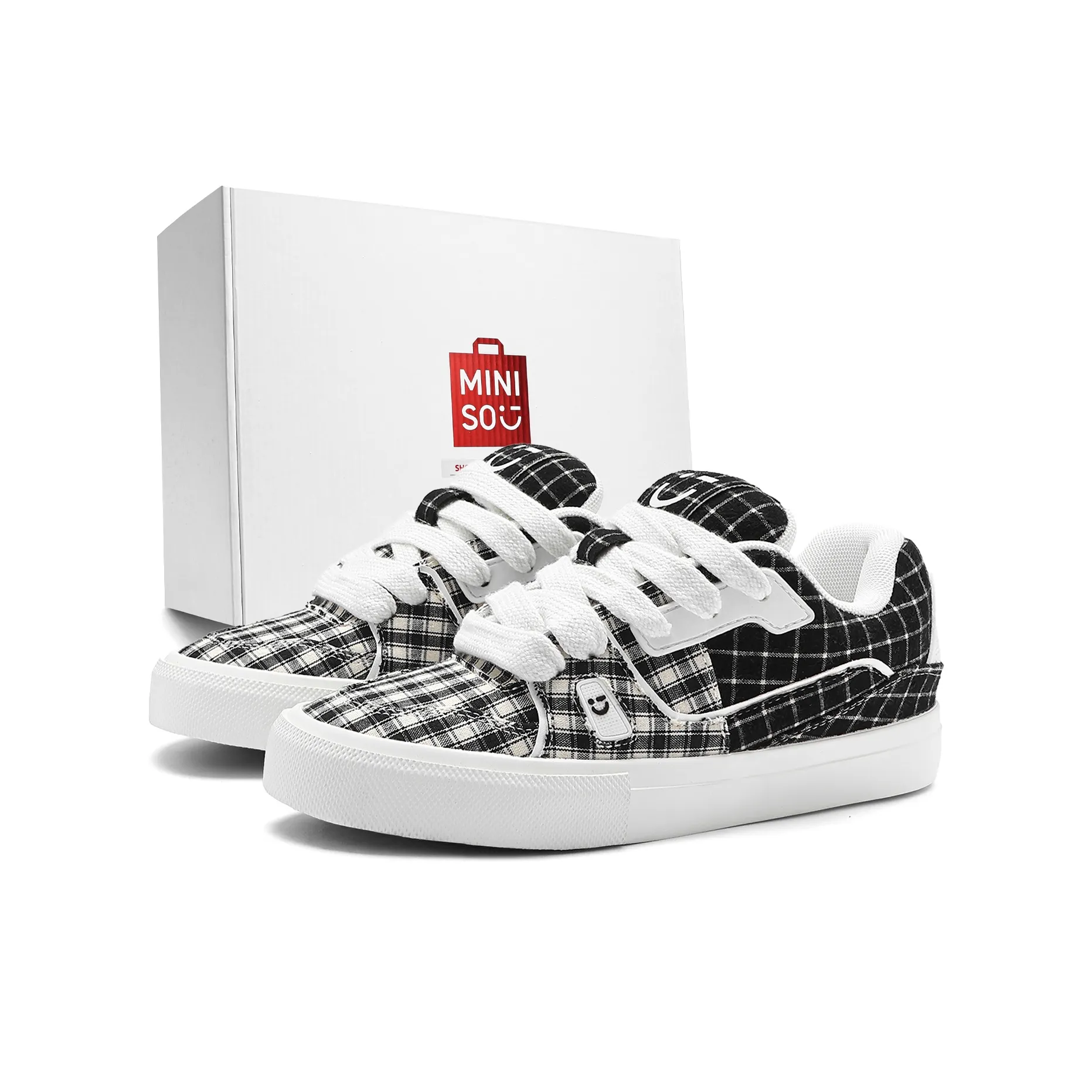 Miniso Скейтборд Кроссовки Низкие Топ Черный Белый Клетка Унисекс