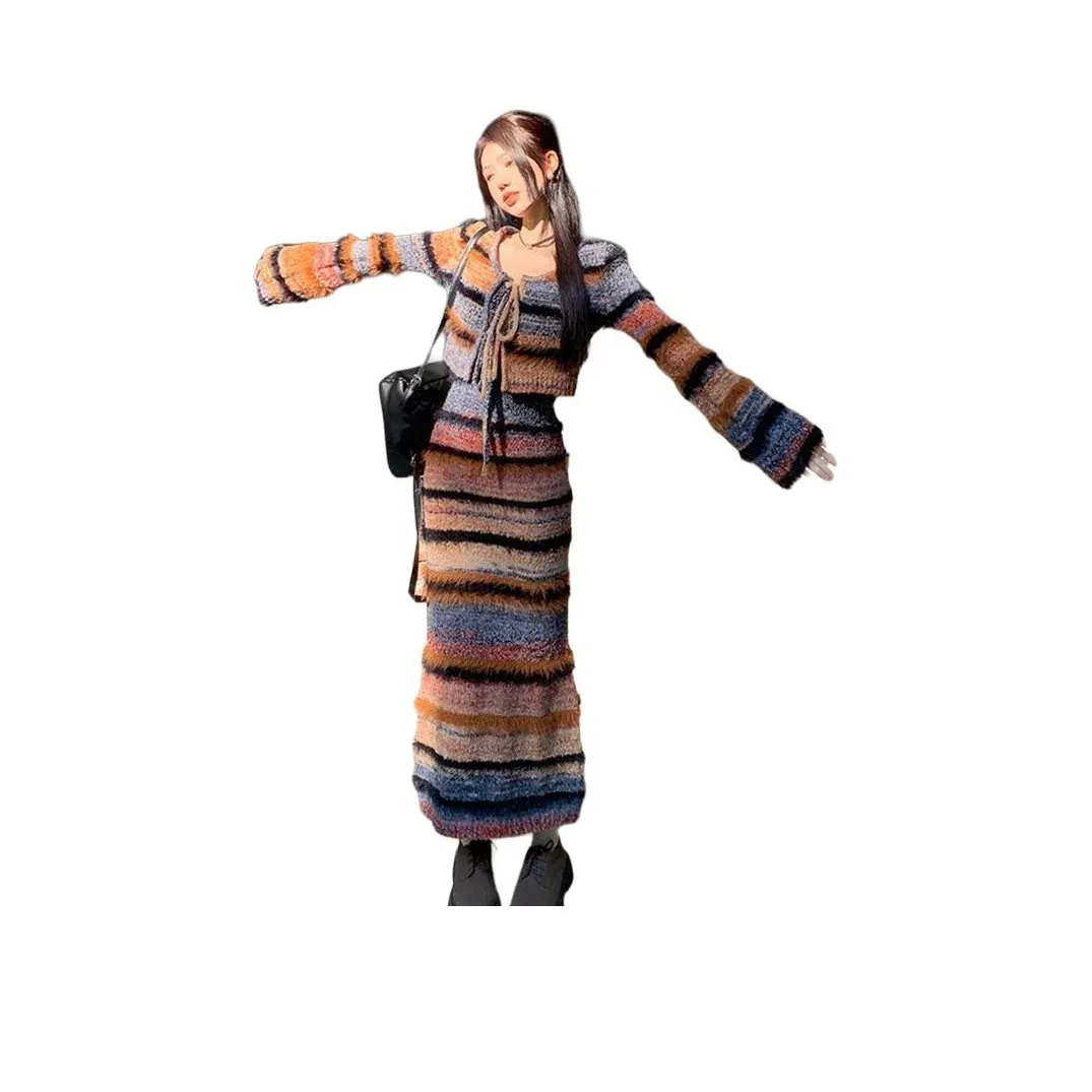 OURUOKE Свитер Кардиган+Платье Двухкомпонентный Набор Женские Комплекты с Юбкой