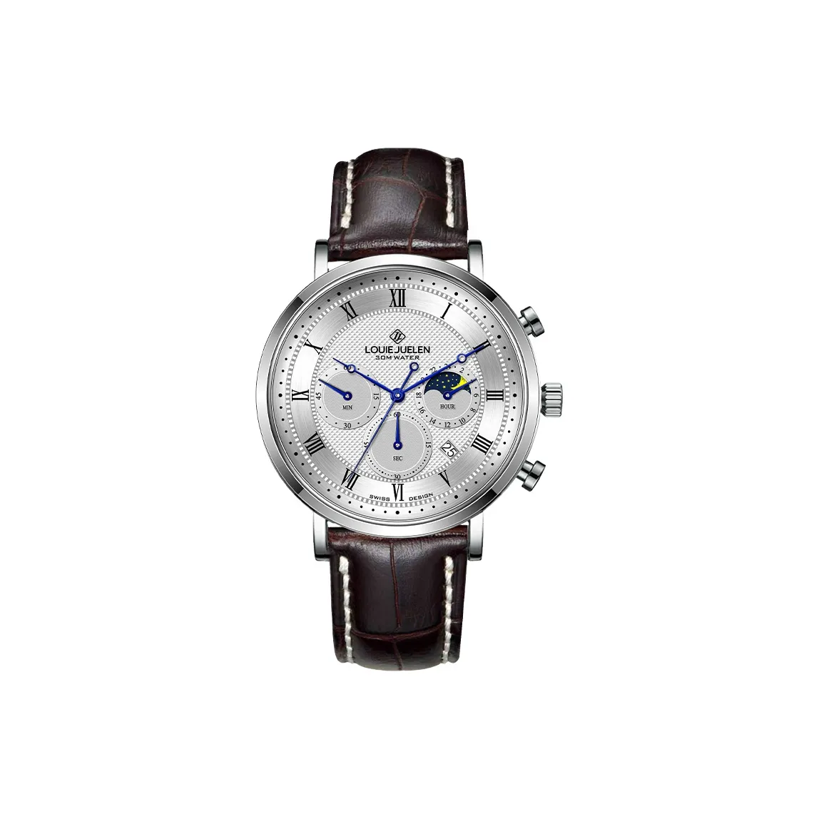 LOUIE JUELEN Commander Collection Кварцевый механизм Кожаный ремешок Часы Мужские Серебристый циферблат