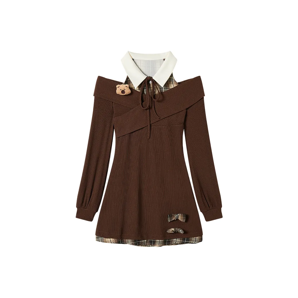 FABRIC PIG Коричневый Платье Женское Длинное Платье с Длинными Рукавами