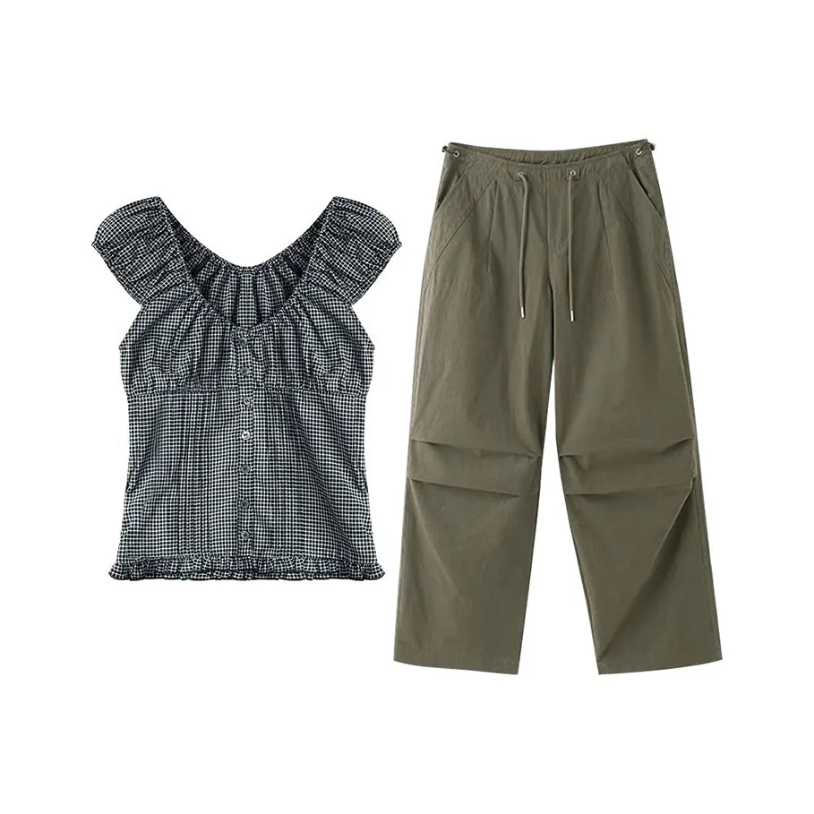 MARIE·COCO Клетчатый топ + брюки карго, женские повседневные костюмы