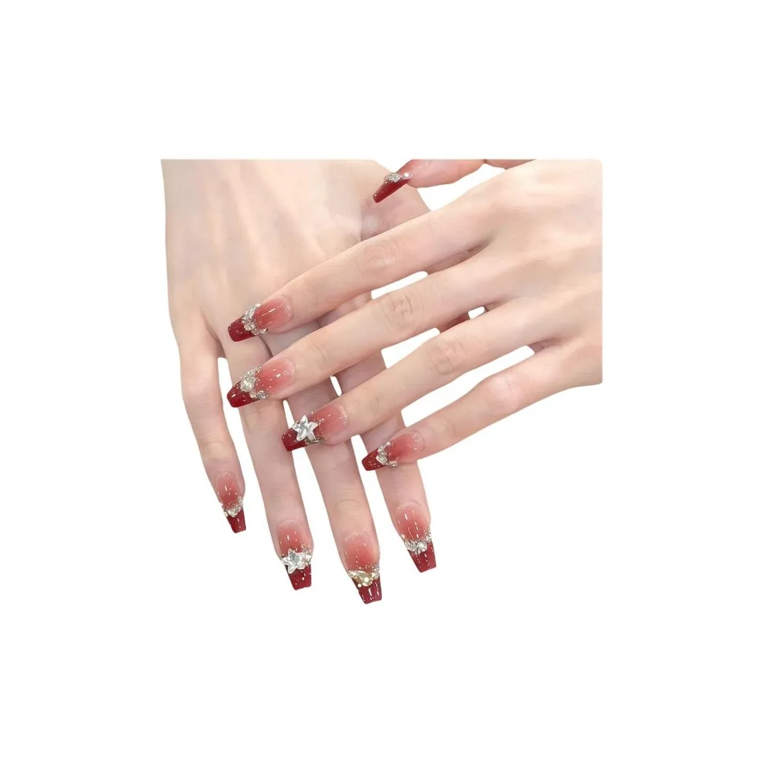 T Z Премиум Сверкающий страз Свадебное кольцо Handcrafted False Nail MID Длина Квадрат Миндаль Красный Румяна Stain Французский