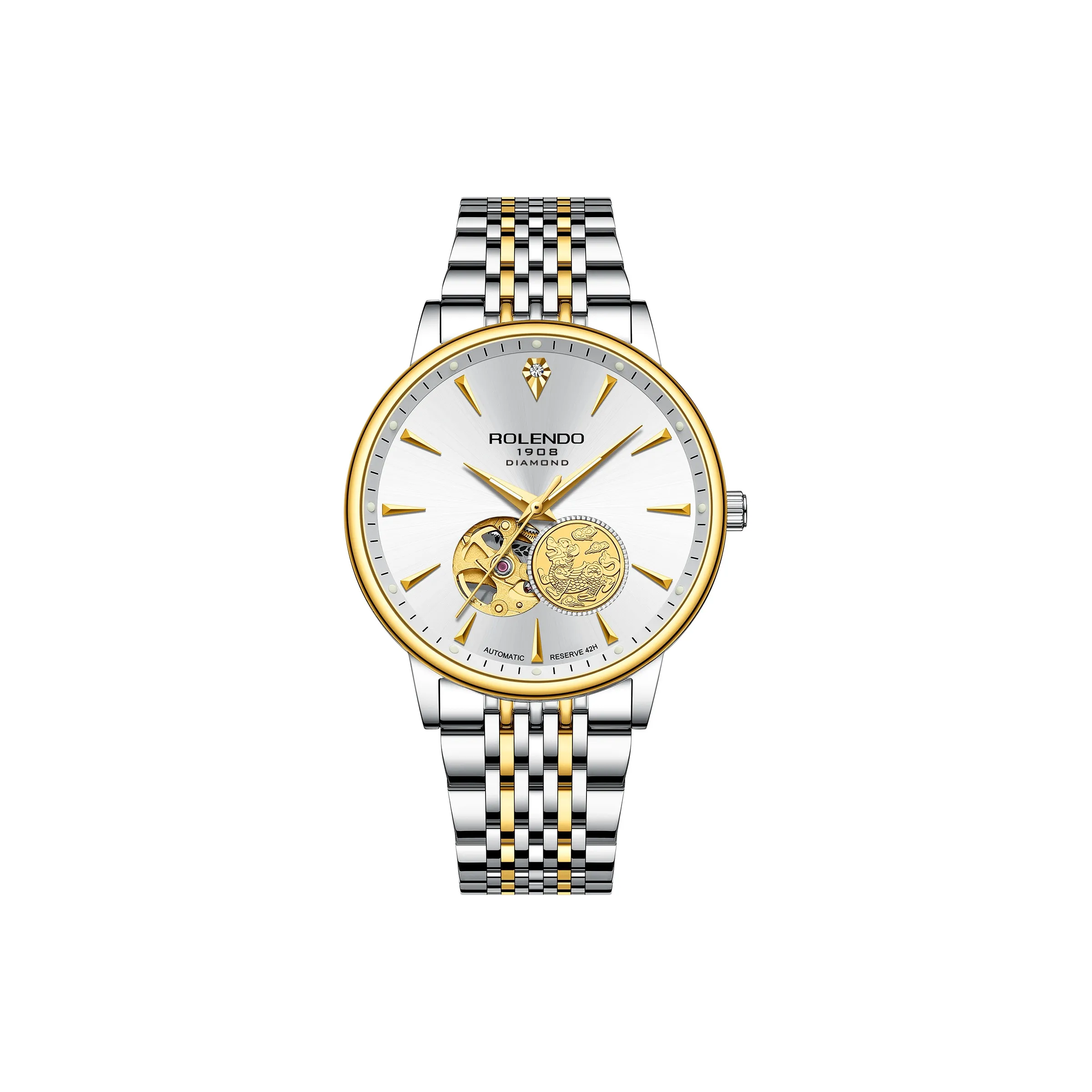 ROLENDO R Ruijin Коллекция Механический механизм Нержавеющая сталь Ремешок Часы Мужские Белый циферблат