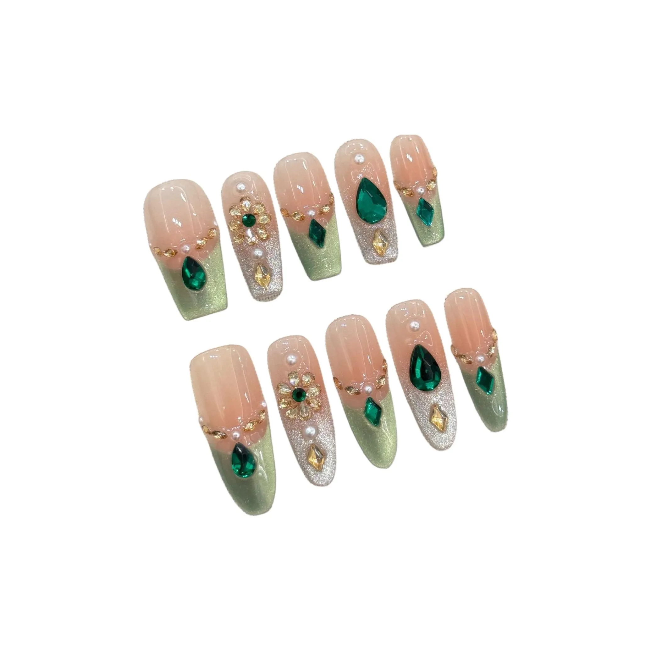 KDOW Версаль Дворцовый Роскошь Винтаж Изумруды Дворцовый стиль Позолоченный Кошачий глаз Ручная работа Искусственные Ногти Овал Розовый Румяна Стойкий