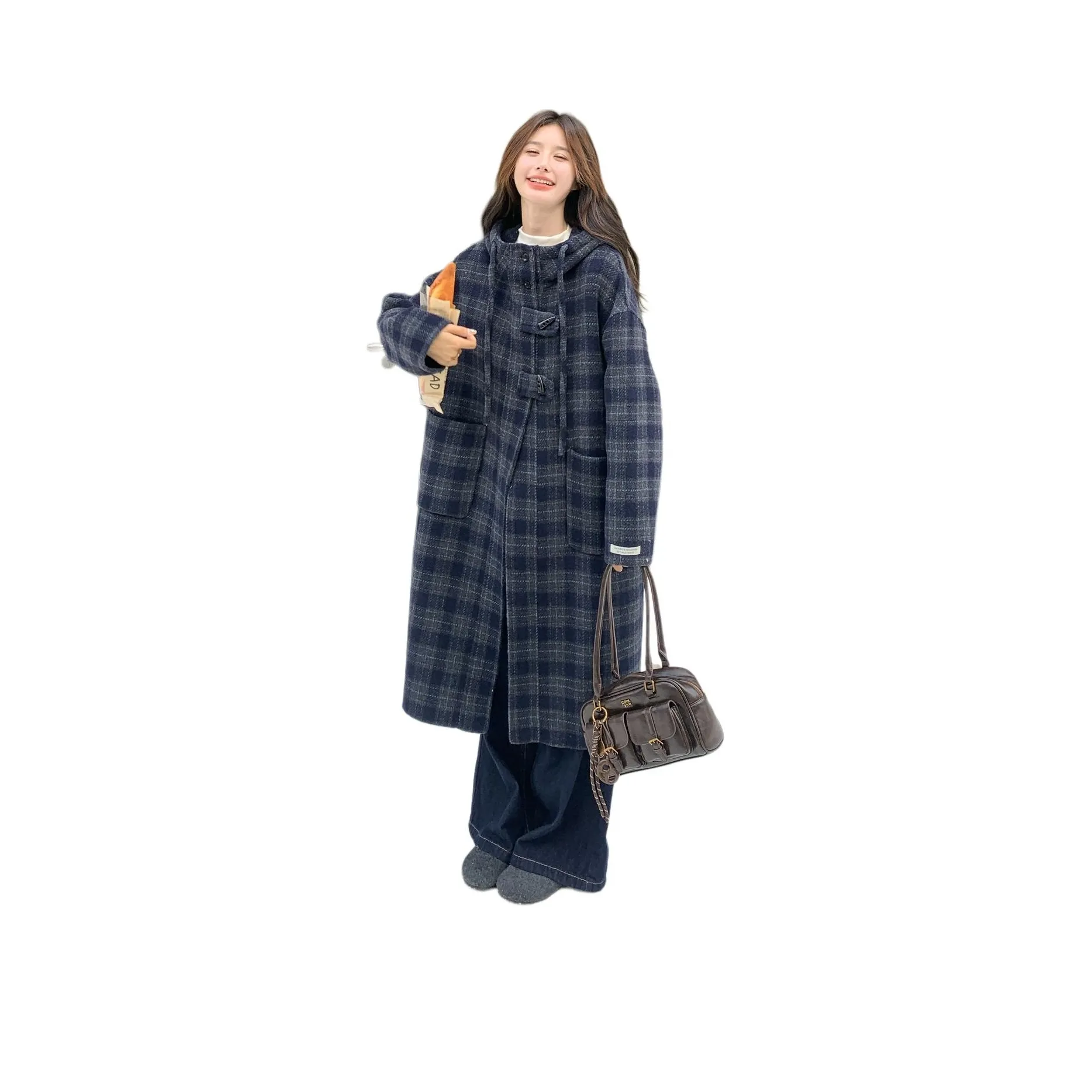 LAOYECHE Темно-синий клетчатый женский пальто