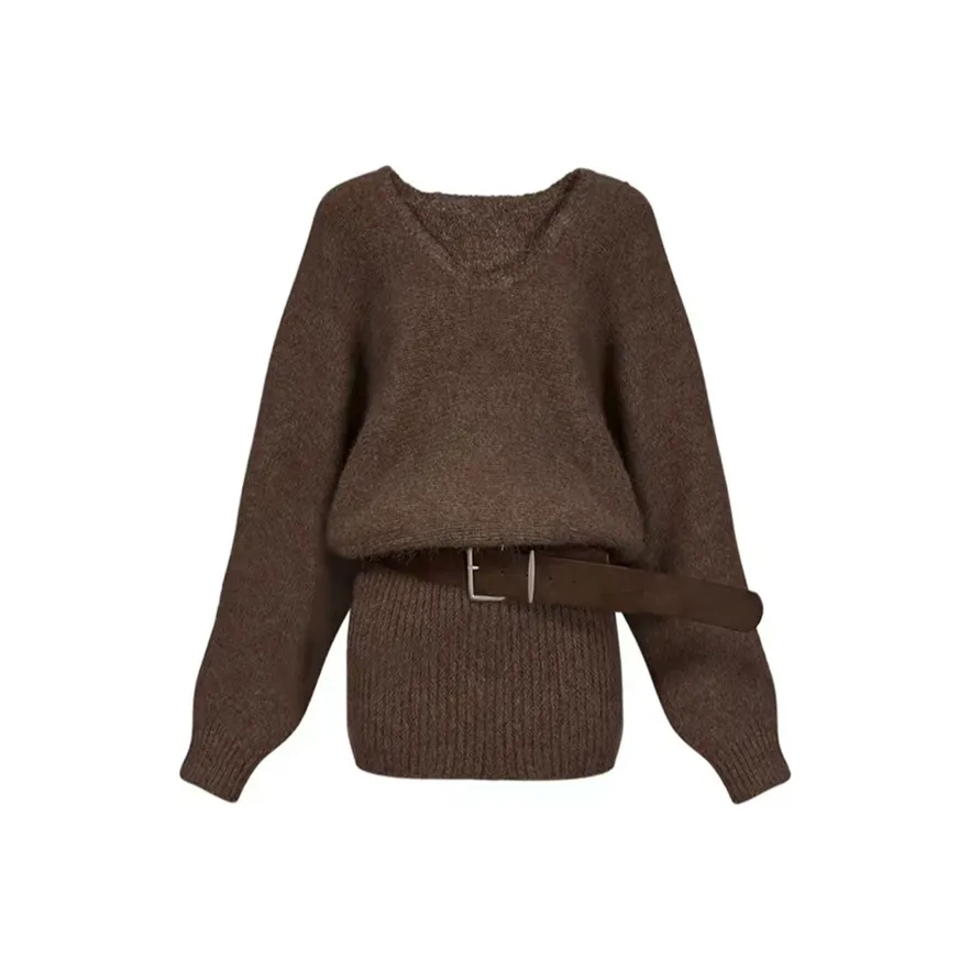 MOONCORE Кофейный Коричневый [Свитер Юбка + Ремень] Женские Длинные Рукава Платья