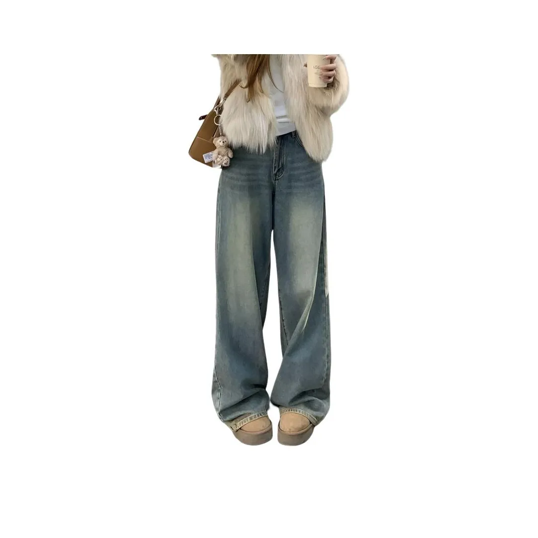 GUOZHEN Винтажные синие джинсы с флисовой подкладкой без ремня женские