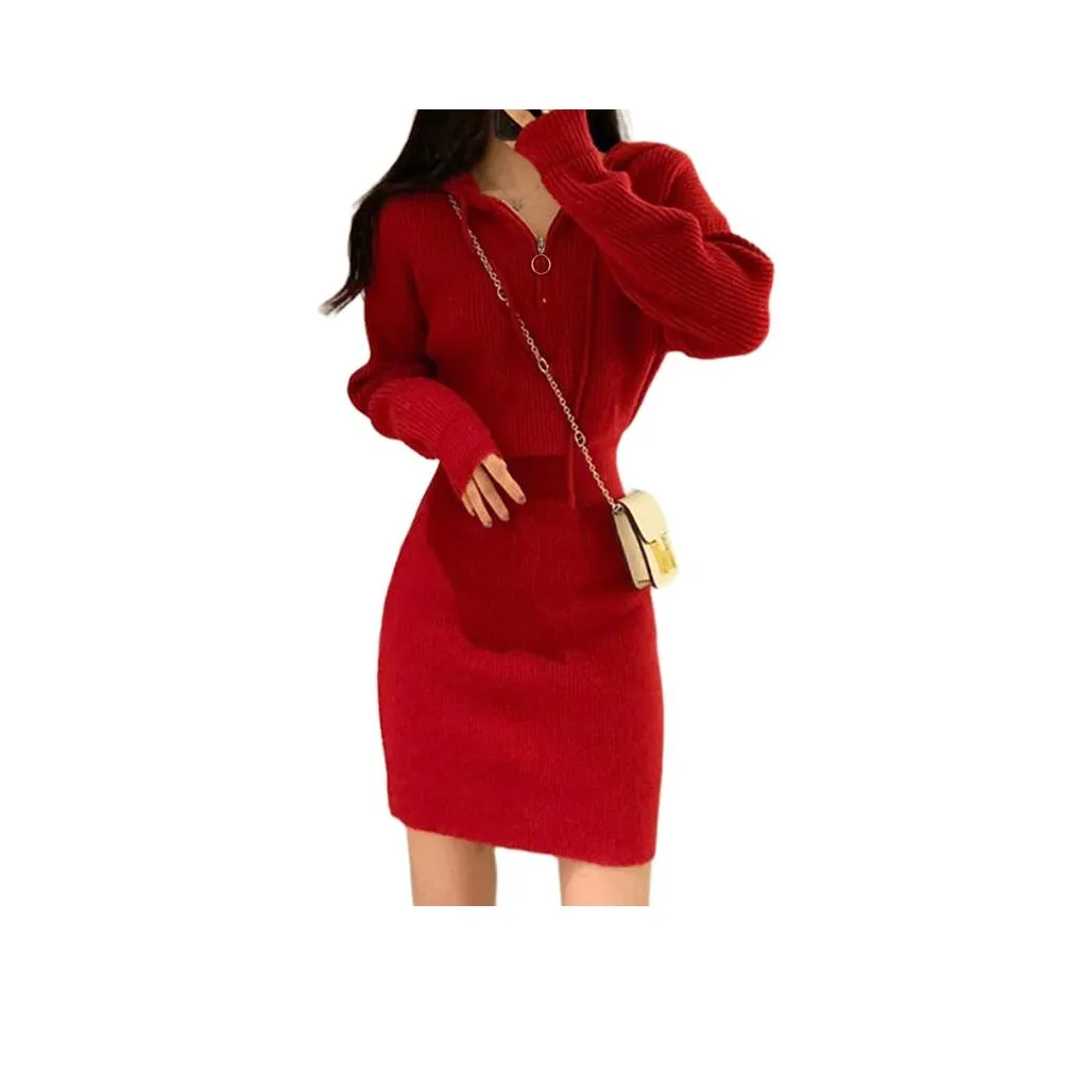 Tonlion Длинное платье с длинными рукавами женское темно-красное