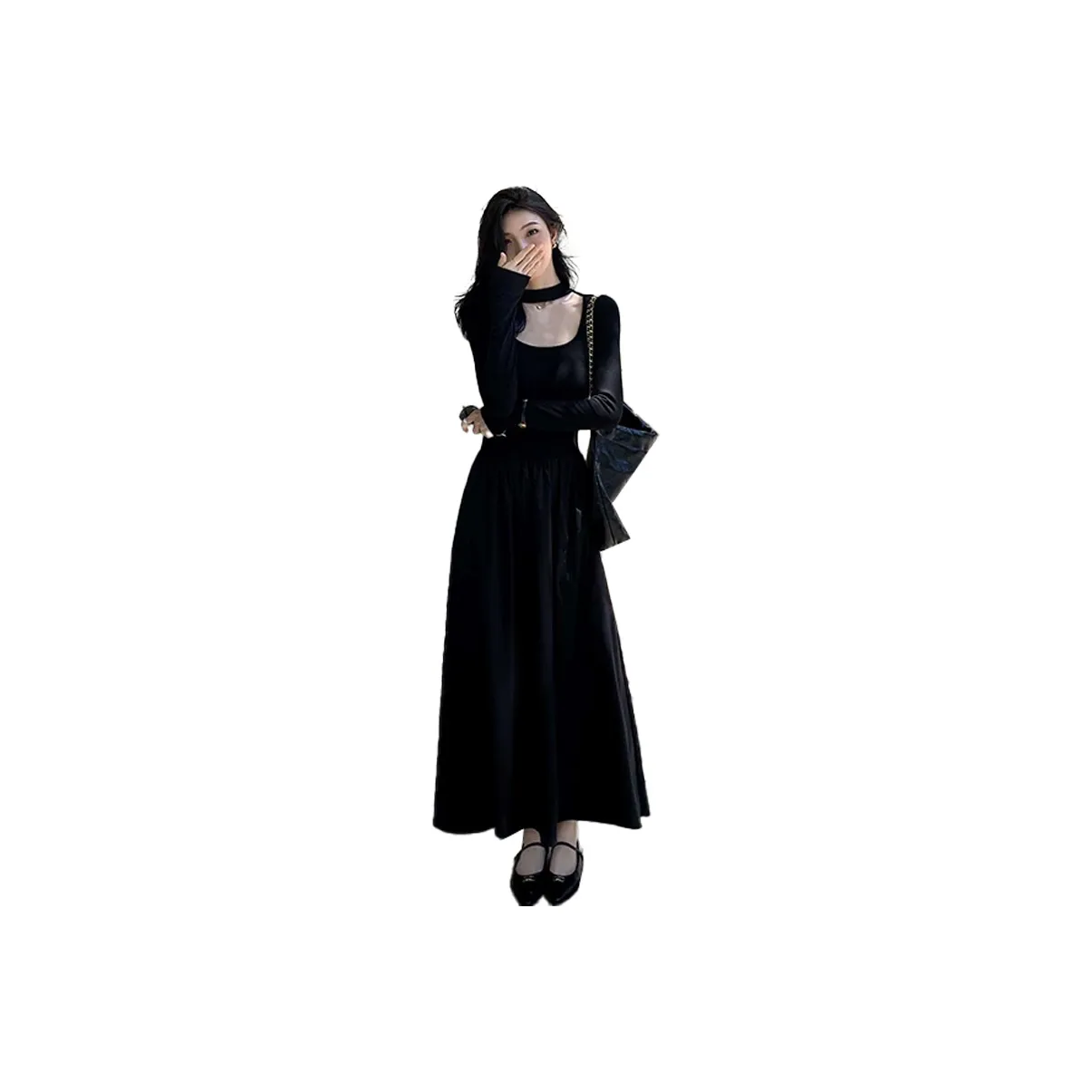 QIAOMONVHAI Длинное платье с длинными рукавами женское