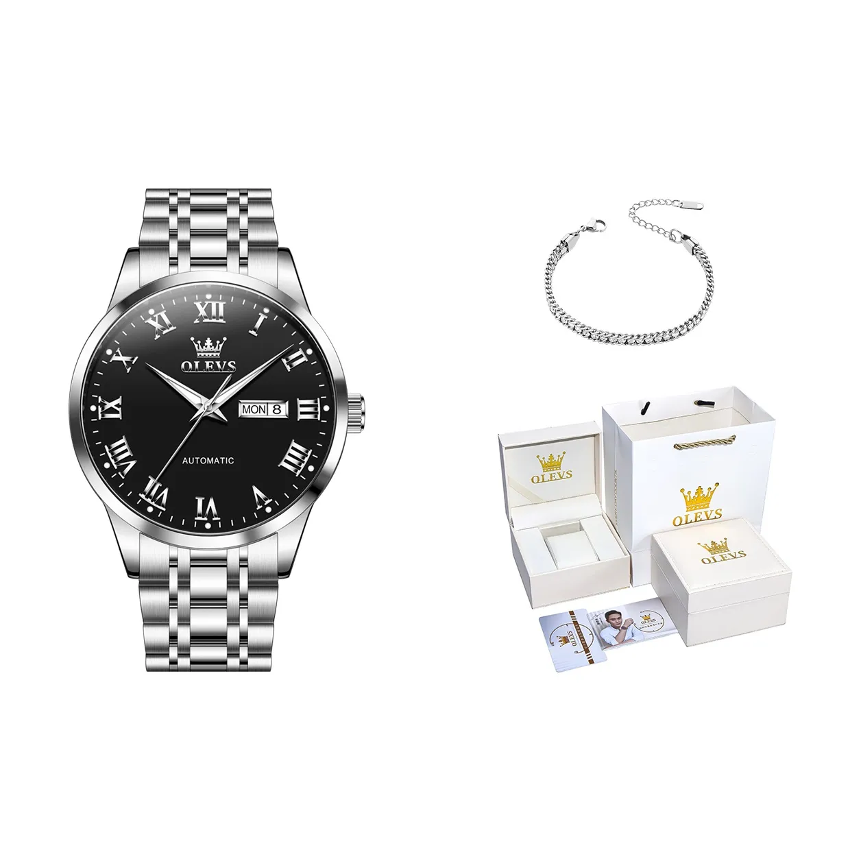 OLEVS Механический механизм ремешок из нержавеющей стали черный циферблат мужские часы