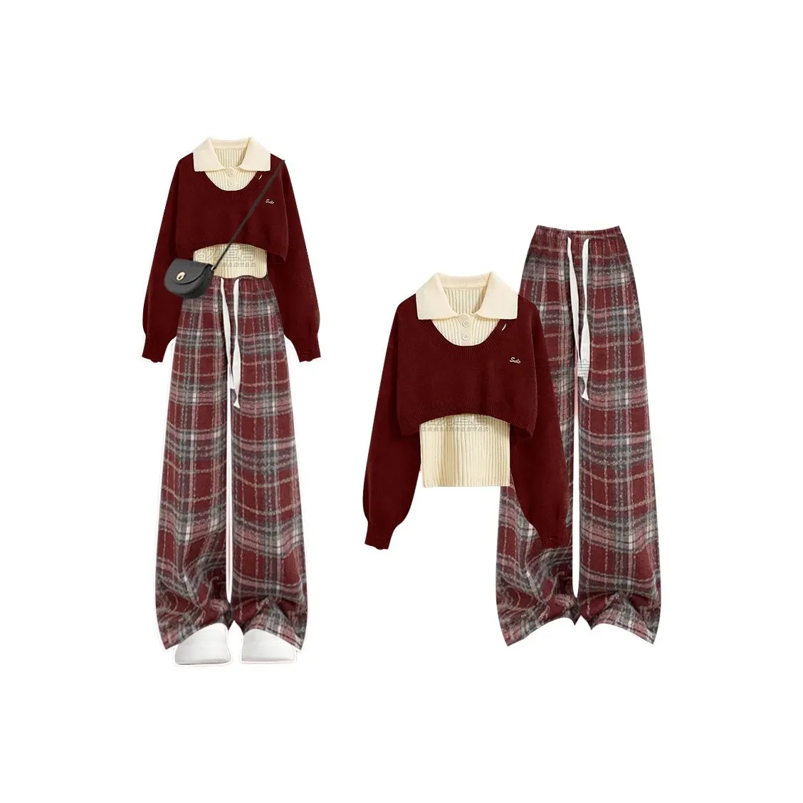 GUOZHEN Красный свитер + майка + красные клетчатые штаны женские повседневные костюмы