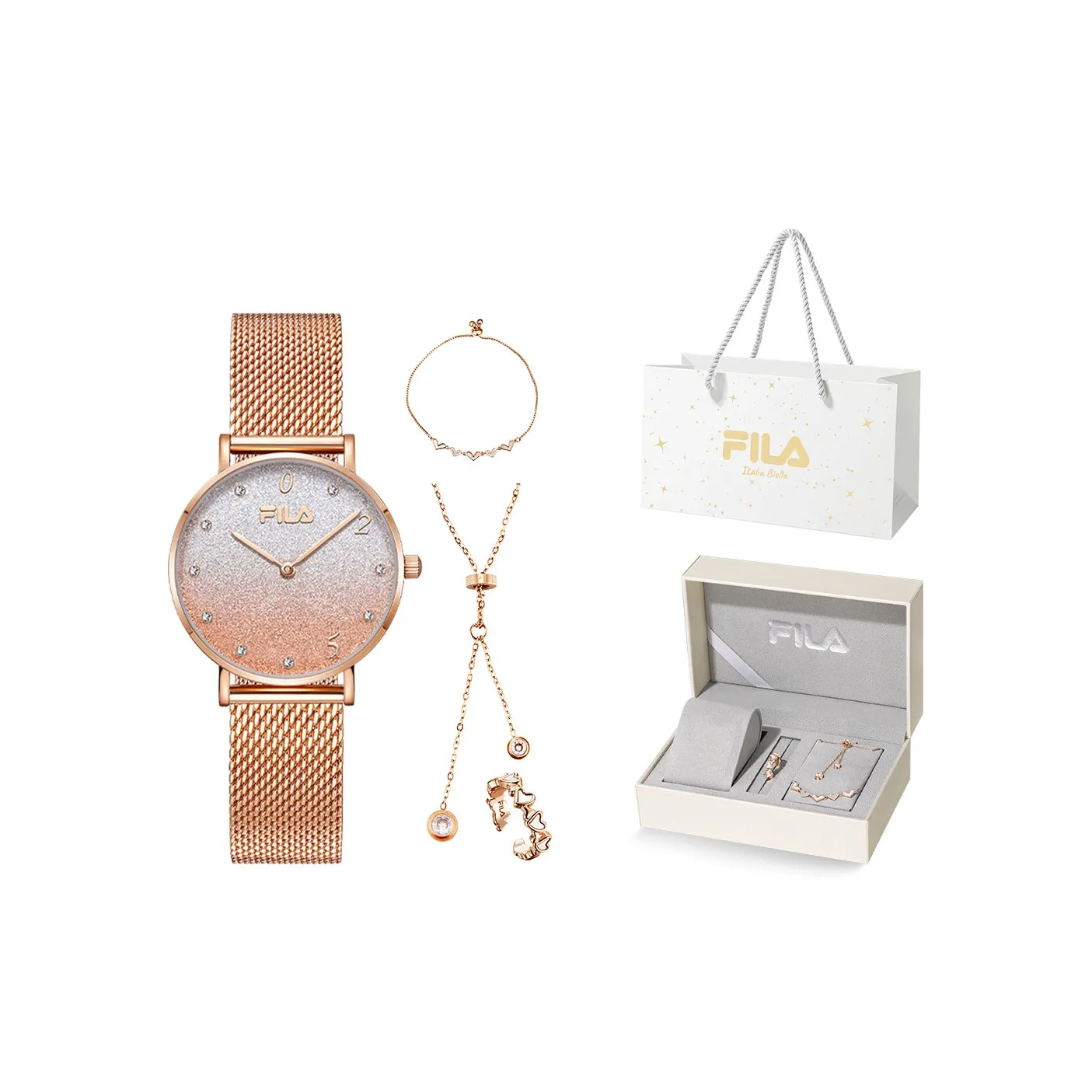 FILA Женские часы Кварцевый механизм Ремешок из нержавеющей стали Золотой циферблат Часы Любовь с первого взгляда Романтическая коробка