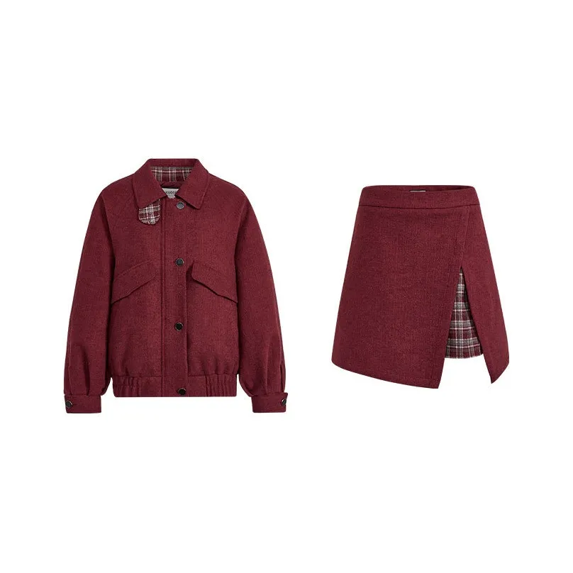 KUOSE Бордовое пальто 1002 + Бордовая юбка 1004 Женские комплекты с юбкой