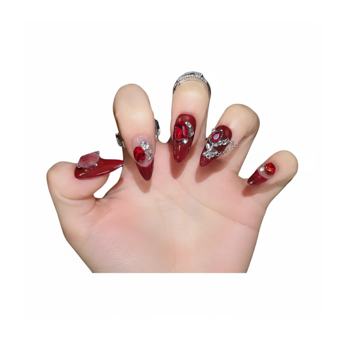 Rui Jin Капля воды Shaped Bridal Горячая девушка False Nail Миндаль Красный Однотонный Стразы Украшенный 22 мм