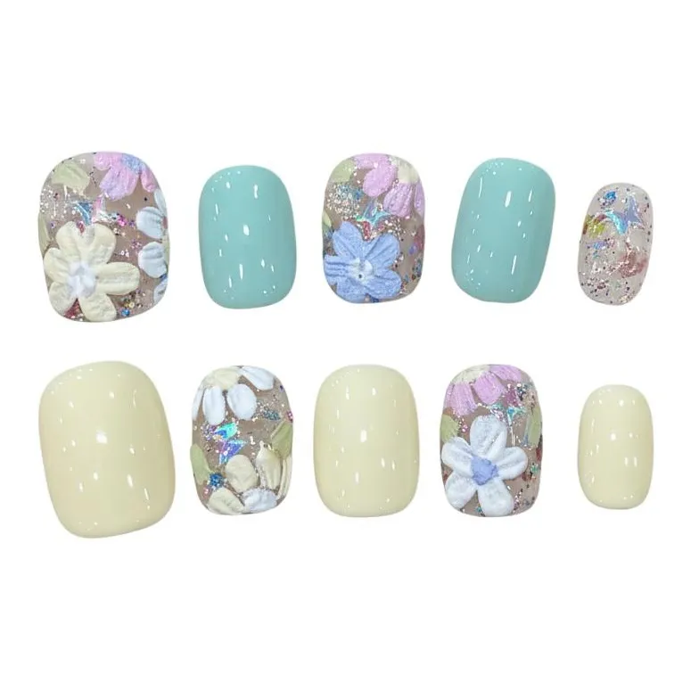 Rui Jin Осветляющий Атмосфера Весенний Летний Дофамин Мятный False Nail Короткий Многоцветный Размытый Милый 16мм